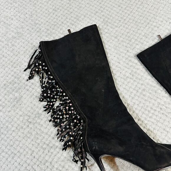 Amazing Vintage Y2K Sequin Fringe Tassel Suede Pump Pointed Toe Calf Boot Heel - Picture 5 of 9